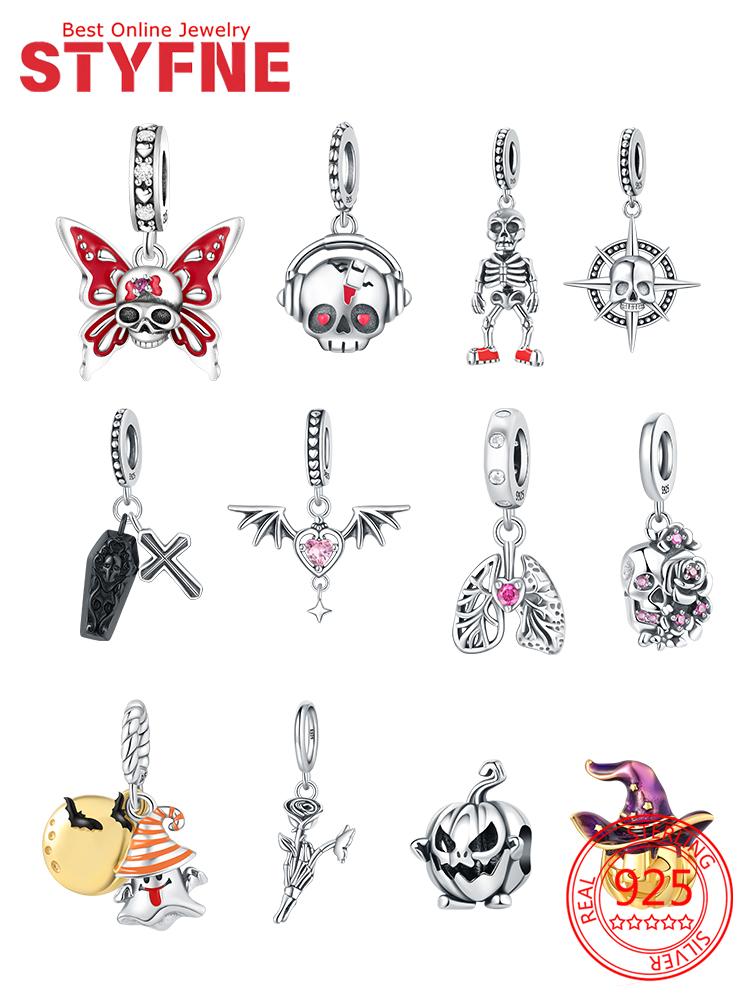 Halloween Skull Witch Pumpkin Bat Rose Bead Components Pendant Bead Component Compatible With Charm Bead Components Copper Metal Authentic Original