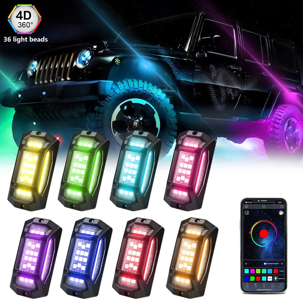 LED Underglow Kit for Car, 8 PCS Multicolor RGB Rock Lights Kit with BT App and Remote Control for