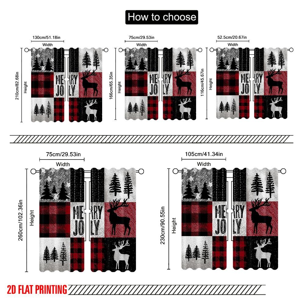2pcs,2D plane printing Pattern Curtains Black and white checkered reindeer and Christmas tree Versatile 100% Polyester (without