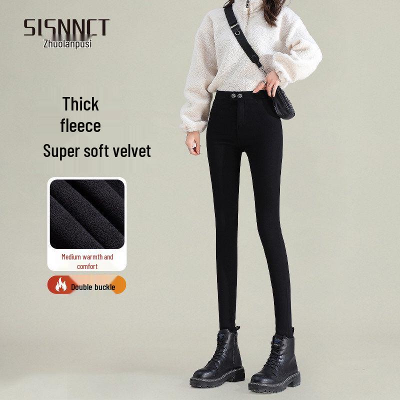 Women's Black Lambswool Leggings: Warm, Thickened Fleece-Lined, Slim Pencil Style, Ideal for Autumn/Winter 2025