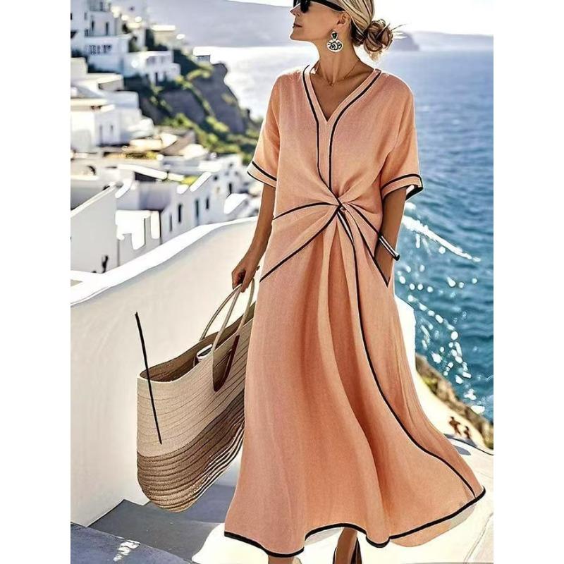 

women s V Neck Twist Waist Short Sleeve Loose Maxi Dress Contrast Piping Casual Vacation Long Dress 3XL