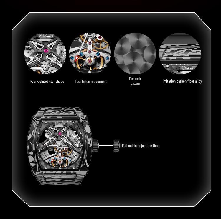 Durham Yao Men's Waterproof Mechanical Watch - Tonneau-Shaped Alloy Case with Carbon Fiber Design and Skeleton Dial