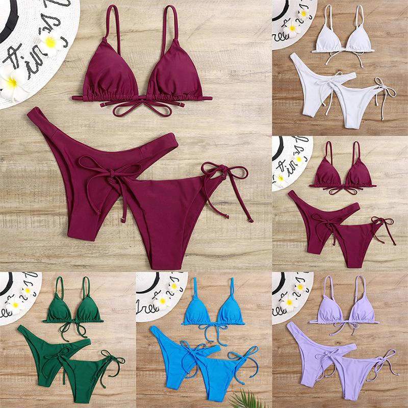 Bikini Sexy 3 Pezzi Donna Monocolore Fascia Divisa Triangolo Costume da Bagno Biquini Brasiliano Femminile Costume da Bagno Estivo per Vacanze in Spiaggia