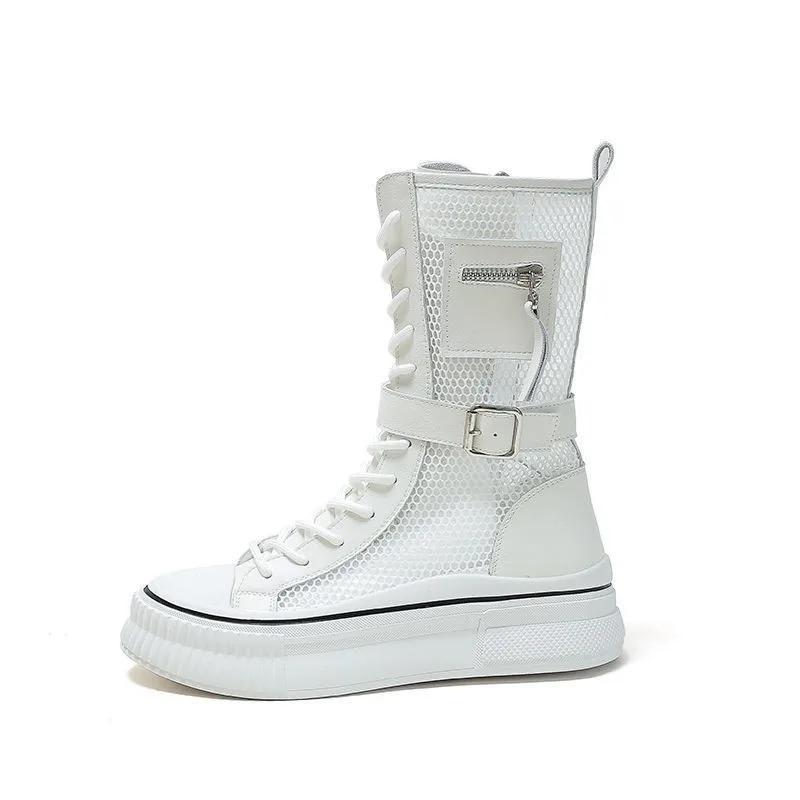 Summer High Top Women'S Shoes Knee High Boots Side Zipper Flats Vulcanized Shoes Lace-Up Comfortable Platform Sneakers