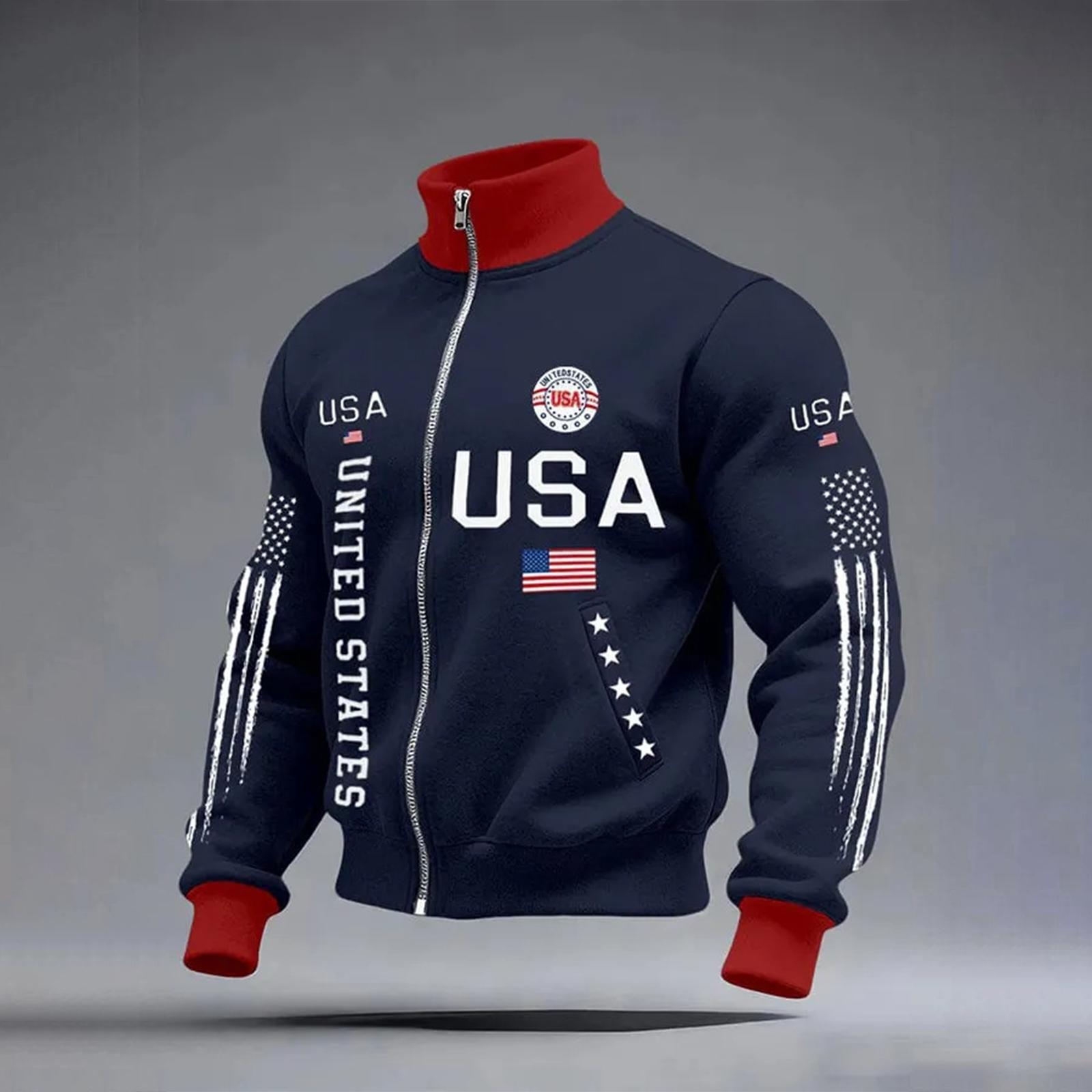 

USA Anniversary Men s Casual Letter Print Long-Sleeve Zip-Up Cardigan S Темно-синій