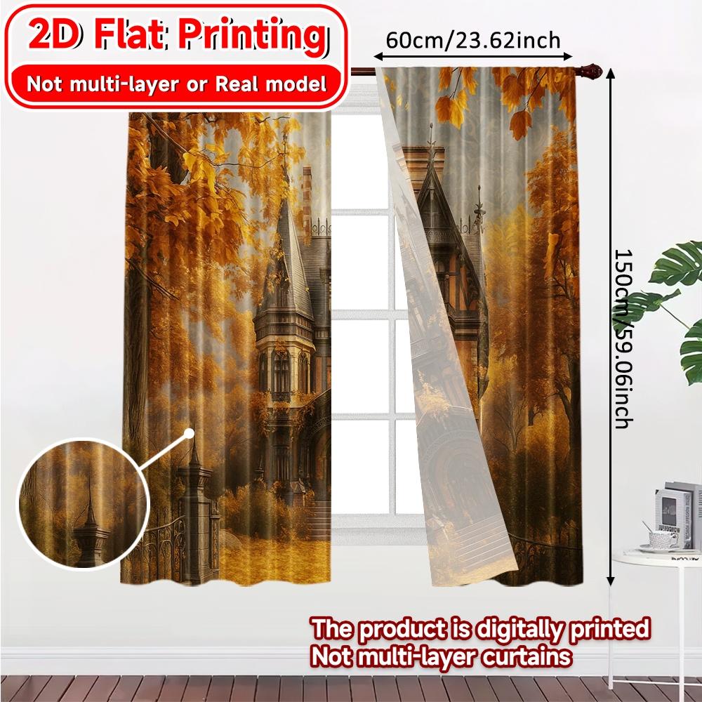 2 Stück, 2D-FLACHDRUCK Vorhänge (Ohne Stange) Herbstliches Herrenhaus Festival Kreative Vorhänge Vielseitige Langlebige Polyestervorhänge Zuhause