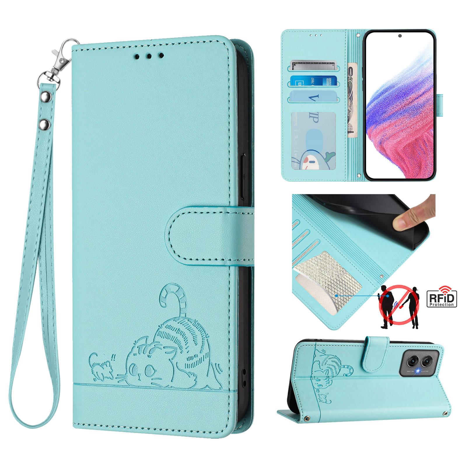 

For Motorola Moto G55 5G Case with Strap RFID Blocking Leather Wallet Phone Cover Cat Mouse Pattern Mint Green
