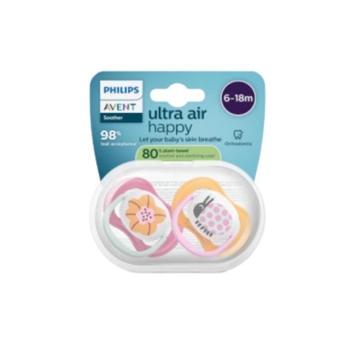 Sucettes-Avent Ultra Air Happy 2 Sucettes Orthodontiques de 6 à 18 Mois (Modèle : Singe et Banane)
