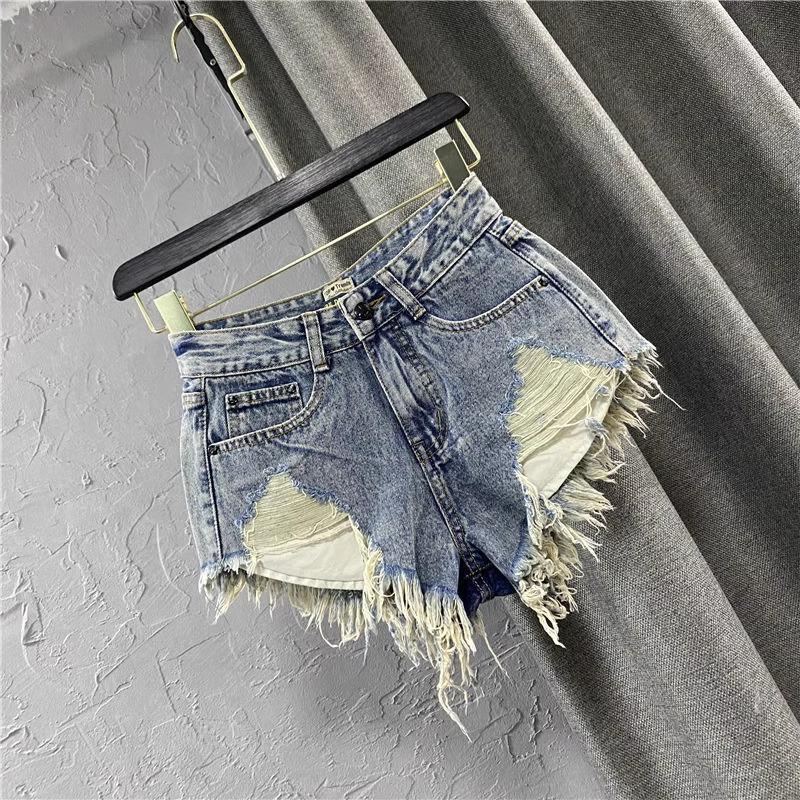 Vintage Low Rise Denim Shorts with Fringe & Ripped Pockets