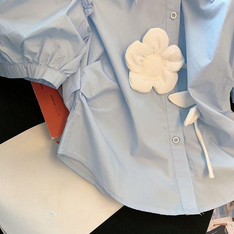 Blue Off Shoulder Women's Shirt, Three-dimensional Flower Single Breasted Short Sleeved Stylish Design Women's Clothing