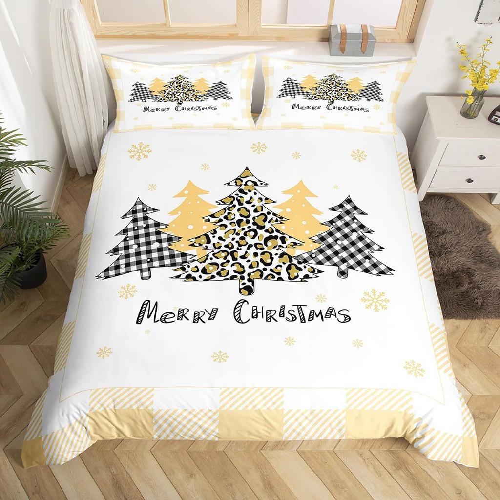 Pink Plaid Christmas Tree Three-Piece Quilt Cover 3D Digital Printing Bedding Set Bed Cover