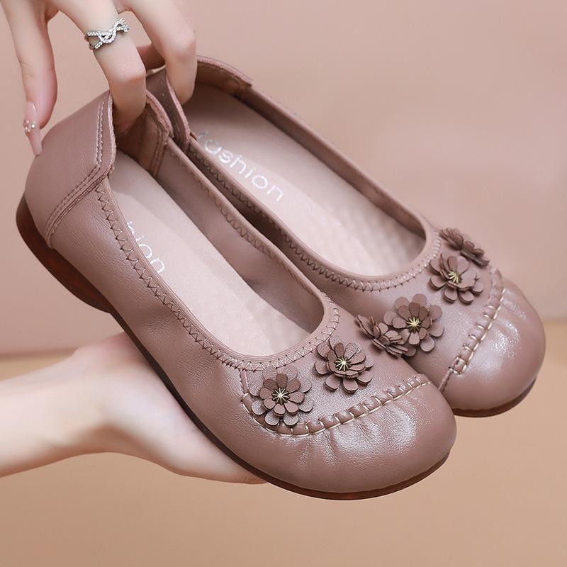 Shallow Shoes Single Shoes Soft Sole Non-slip Medium Leather Shoes Flat Sole Medium the Elderly Women's Shoes Spring and Autumn