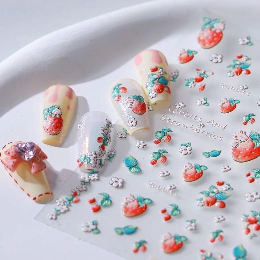 3D Frosted Strawberry Nail Art Stickers - Self-Adhesive DIY Decoration