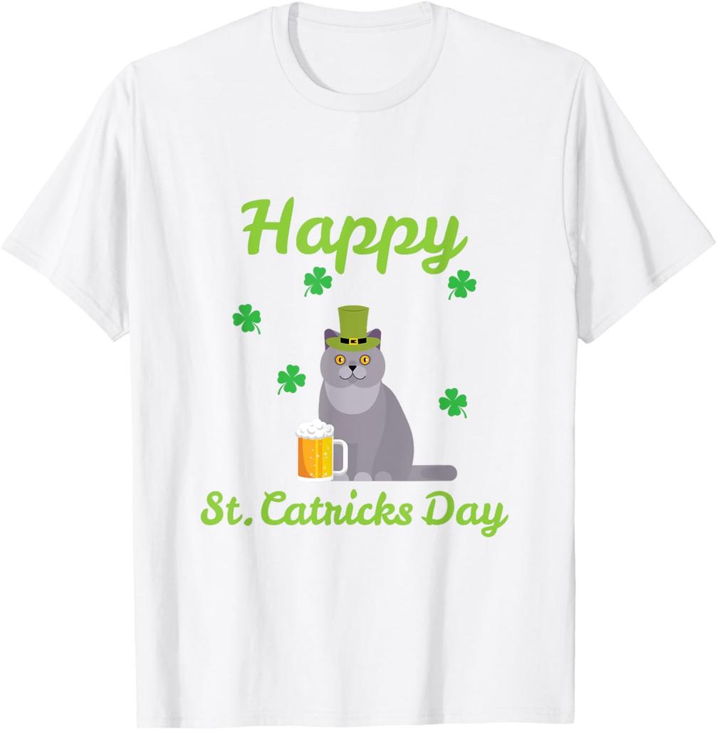 St Catricks Day Funny Cat Wearing Leprechaun Hat Beer Graphic Tee Casual TShirt