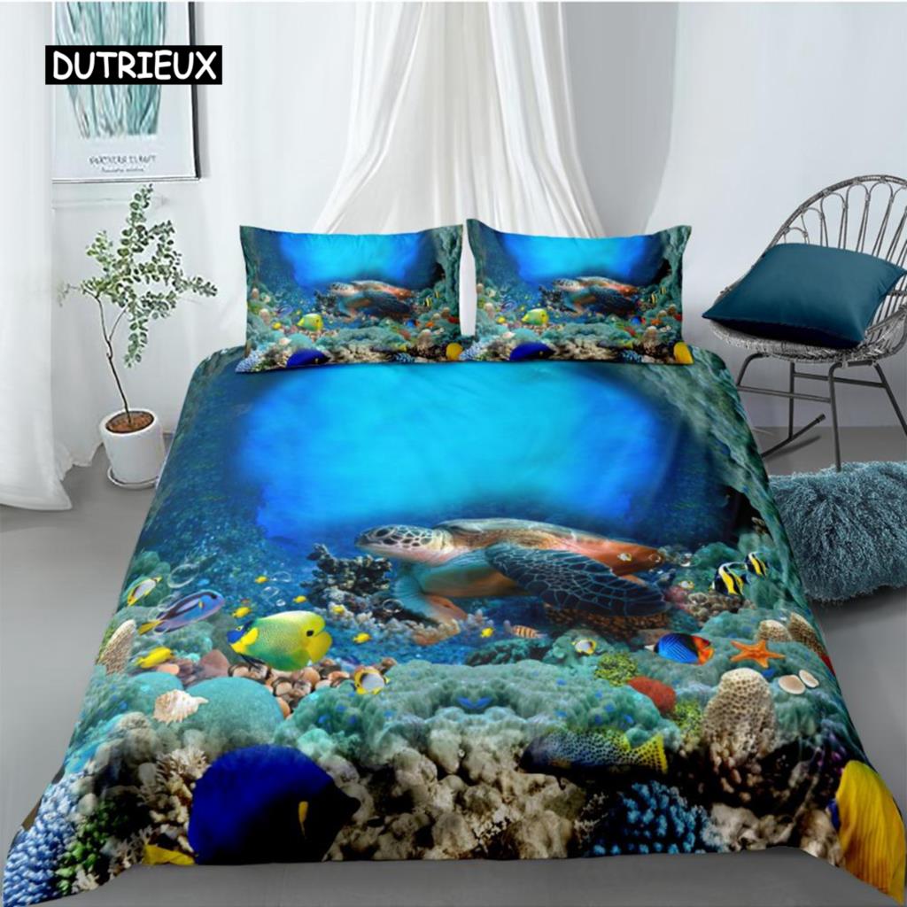 Ocean Duvet Cover Set Queen Double Size Polyester Ocean Animals Fishes Tortoise and Rainbow Color Coral Printed Comforter Cover