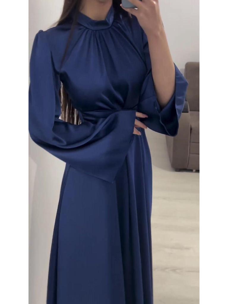 Europäisches & Amerikanisches Einfarbiges Schlankmachendes Binde-Langarm-Maxikleid (Frühjahr 2025 Kollektion)