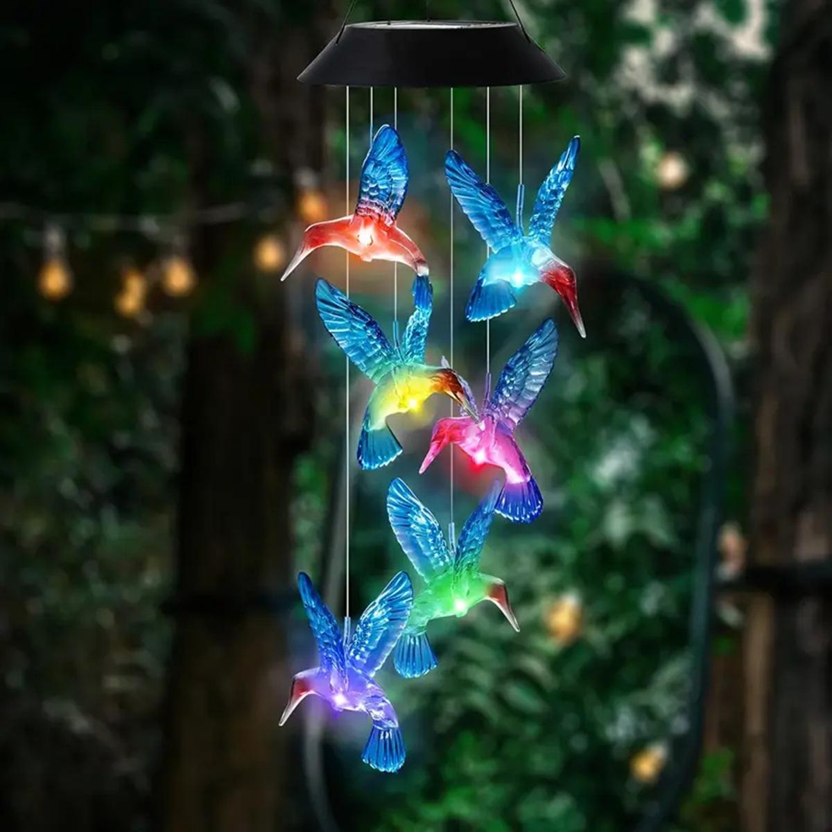 1pc Solar Wind Chimes Color Changing Outdoor Solar Hummingbird Lights Waterproof Wind Chimes Solar Powered Lights RGB