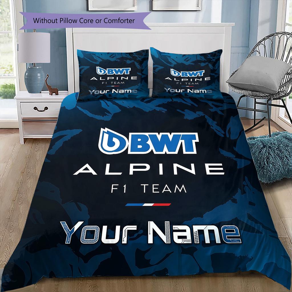 Alpine F1 Individuelles Namensmuster Bettwäsche Steppdecke Set Bettbezug Kissenbezug Zuhause Geburtstagsgeschenk(1 Bettbezug + 2 Kissenbezüge, ohne Füllung)