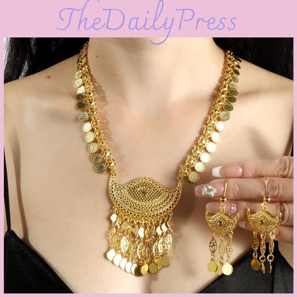 Alloy Gold Trendy Jewelry Collection With Hollow Coin Necklace And Earrings For Casual Wear