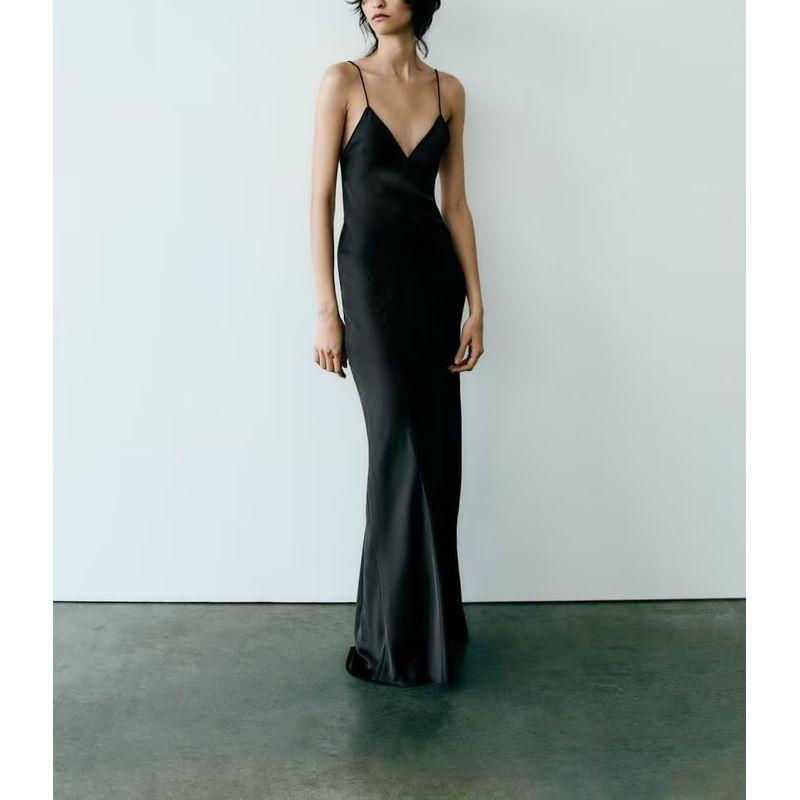 Spring New Arrival French Black Dress Evening Long Dress Silk Satin Texture Intimates Style Dress 8325840