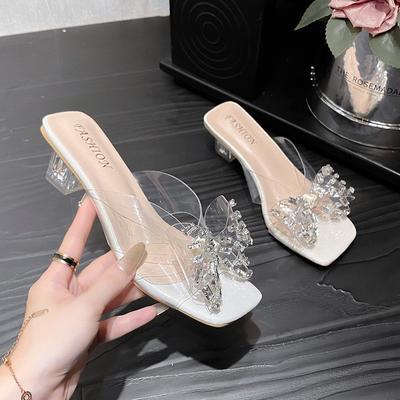 Sommer Damen High Heel Sandalen Offene Spitze Quadratischer Kopf Indoor Transparente Hausschuhe Schleife Strass Designer Sandalen Zapatos Mujer