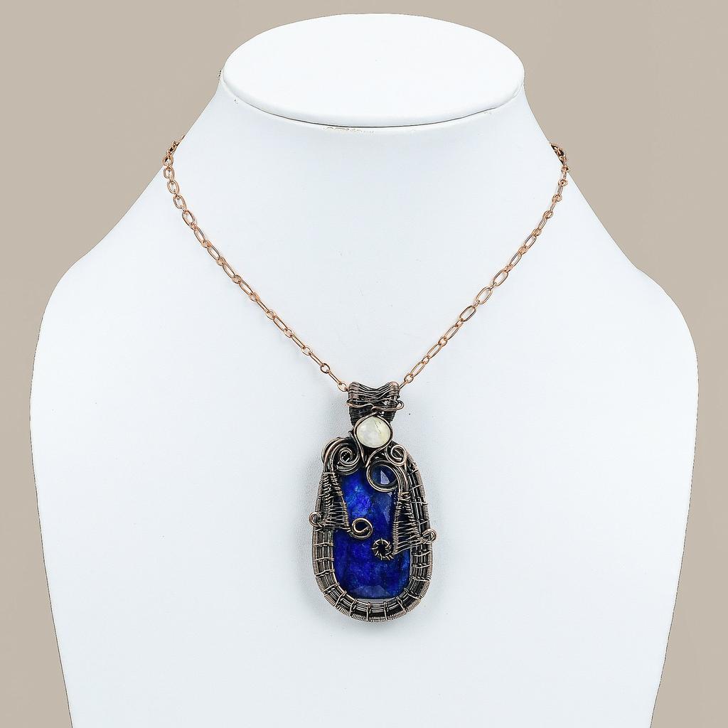 Natural Lapis Lazuli, Moonstone Gemstone Copper Wire Wrap Pendant 2.68" u4h47