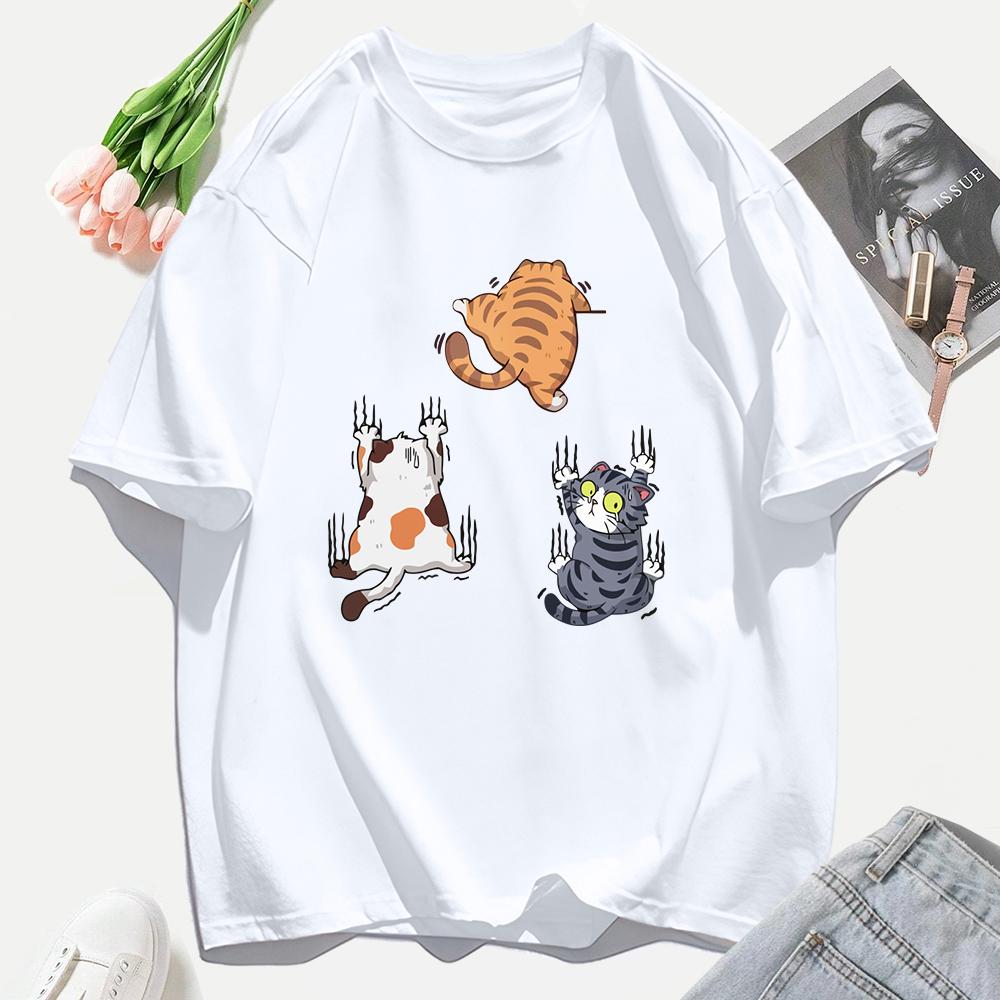 Three Cats Climbing Upwards And Escaping Print T-Shirt Women Soft Y2K T Shirts Cotton Casual Woman Clothes Crewneck Oversize Top