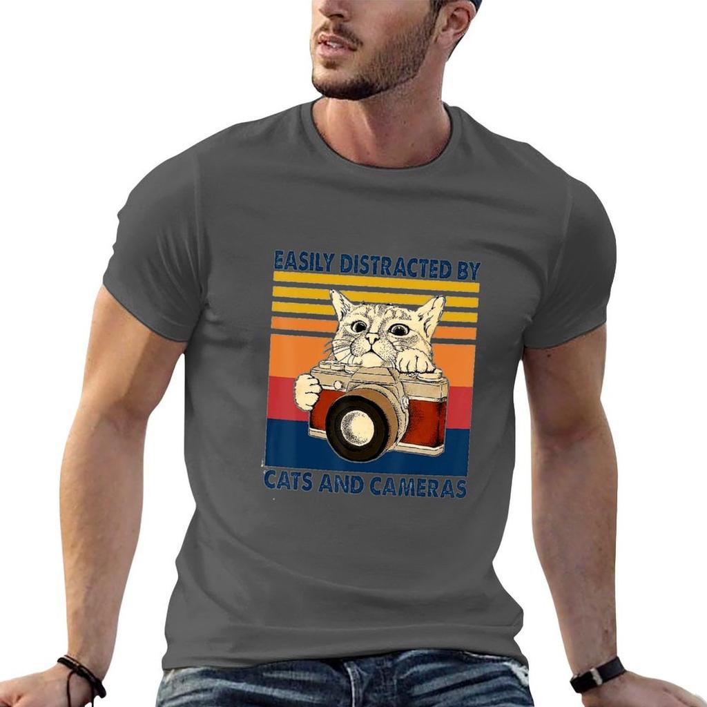 Easily Distracted By Cats And Cameras Vintage Tshirt Fashion Letter Print Tshirt