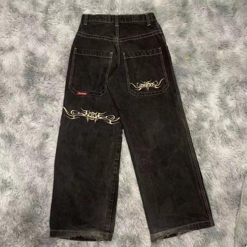 Mens Relaxed Fit Straight Leg Denim Pants With Vintage Embroidery Print Hip Hop Streetwear Harajuku Style