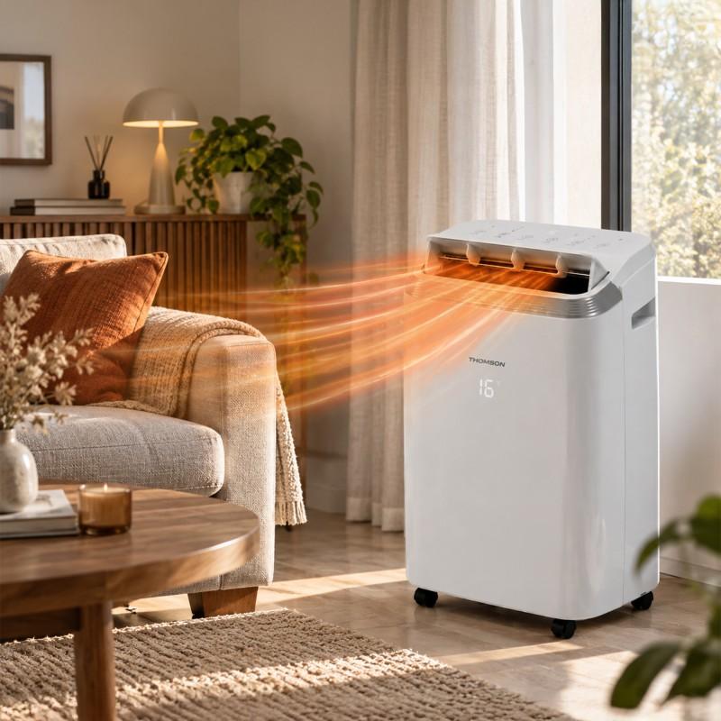 Thomson - Climatiseur Mobile électronique Réversible 14000 Btu - Ecran Led - 3 Vitesses - Programmation - 65db - Télécommande