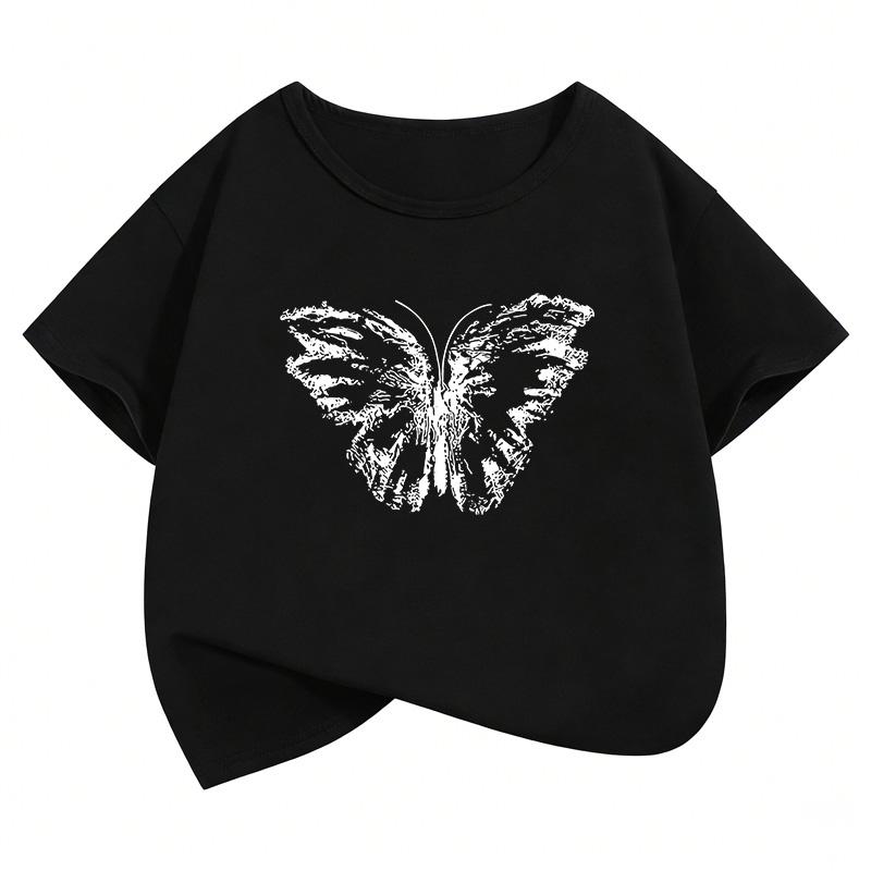 Retro Butterfly Design Printed T Shirts Short Sleeve Kids Childrens Tshirt Boys Girls Summer Spring Casual Top Tee Shirt