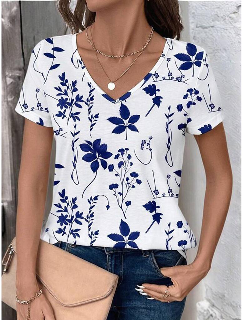 Women's fashionable printed T-shirt with floral pattern, casual short-sleeved V-neck, regular top, everyday printed T-shirt, casual blouse