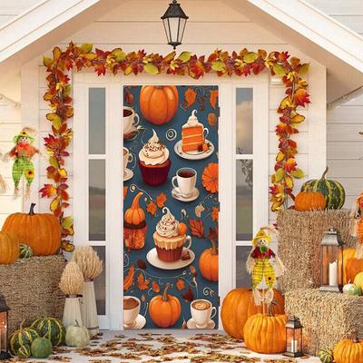 Stretchy Christmas Door Cover: Easy Install with Autumn Harvest & Tree Design