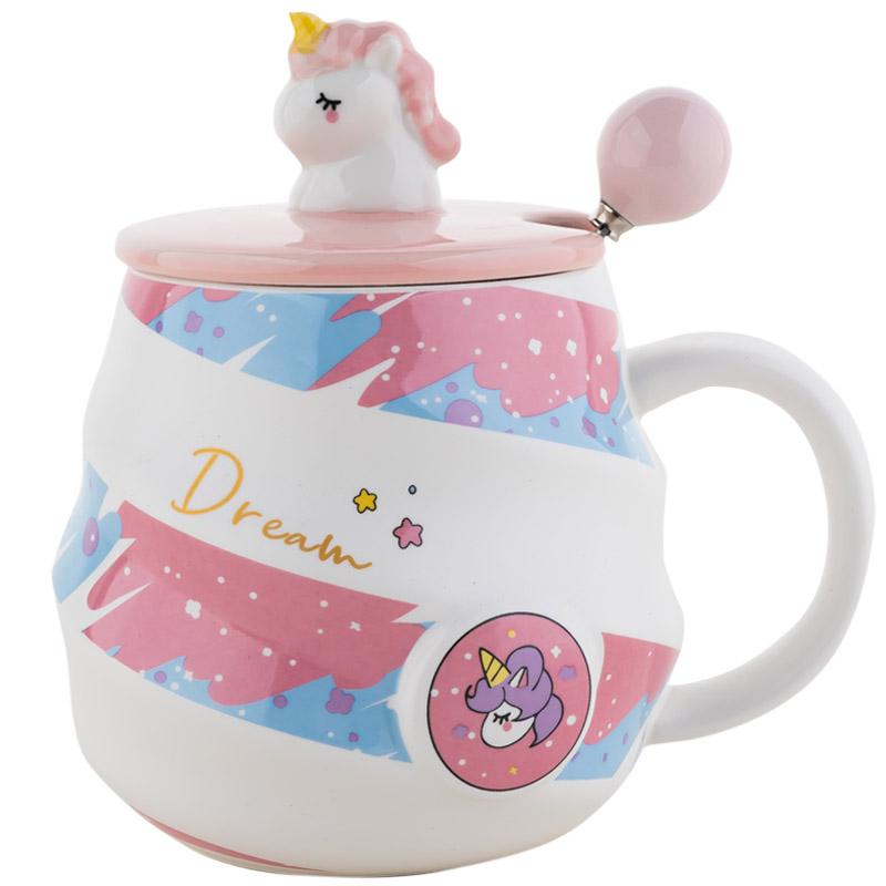 Unicorn Ceramic Mug Cute Girls Gift Water Cup with Lid and Spoon Home Office Breakfast Coffee Cups
