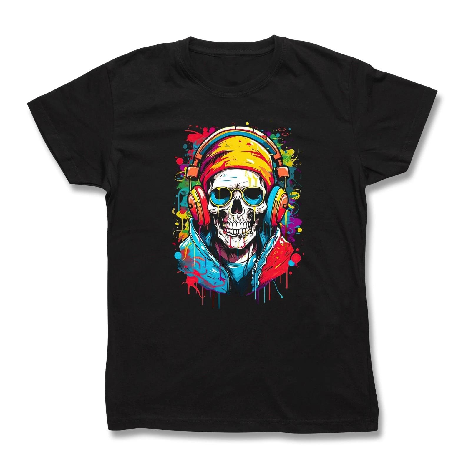 Streetwear Skull cotton T-Shirt – Urban Graffiti Art, Neon Splash, colourful Tee L