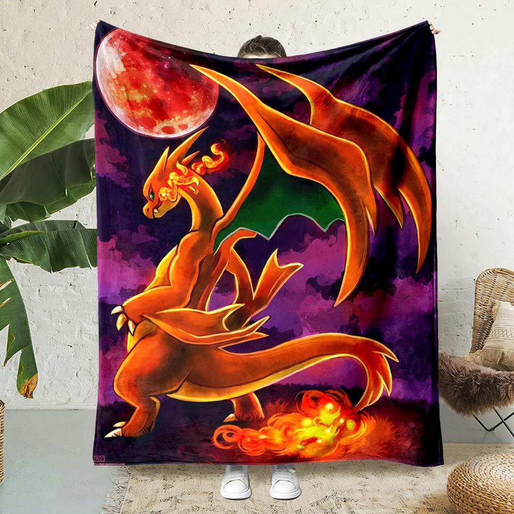 1PC Japanese Cartoon Pokemon Charizard Dragon Fluffy Soft Flannel Blanket Sofa Adult Blanket Office Lunch Break Blanket Gift