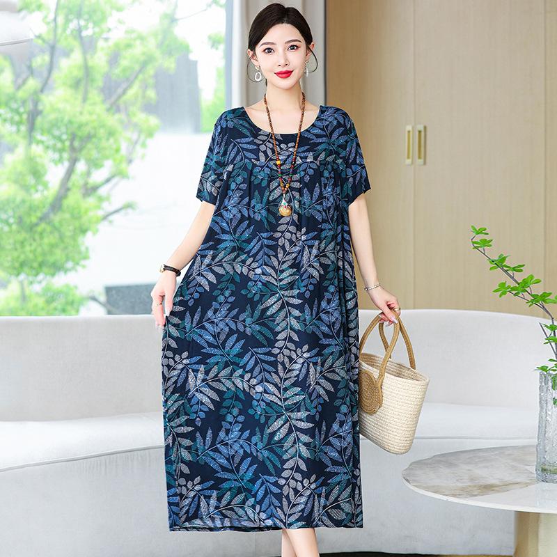 Cotton Silk Dress Women's Summer Large Size Temperament Loose Printing Casual Cotton and Linen Long Skirt