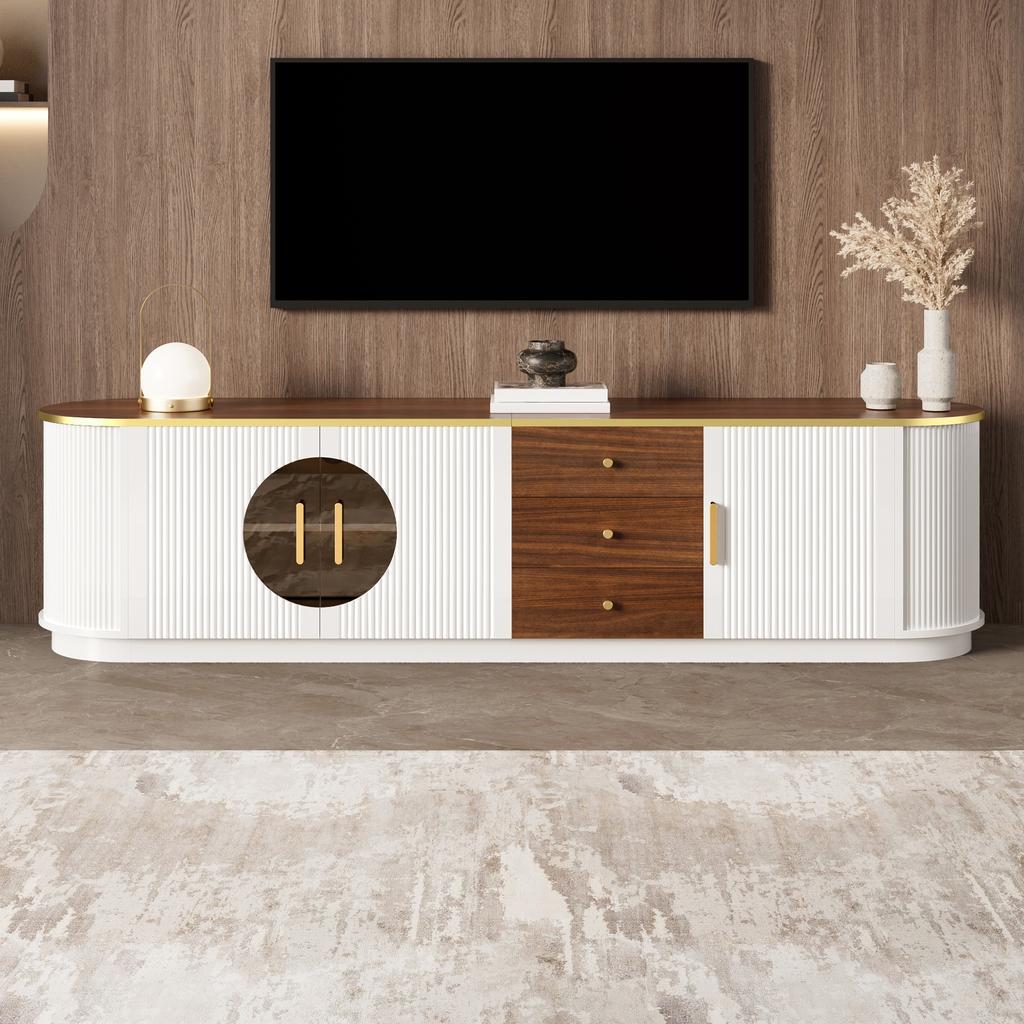 Luxury Style TV Cabinet, Lowboard, Brown Glass, MDF Carcass, Aluminum Handles, Rounded Edges, Vertical Groove Look