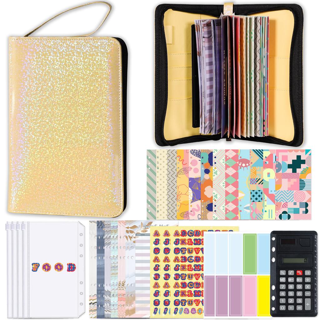 A6 Glitter Hand Zip Tasche Loseblatt-Binder Notizbuch mit 12 Stück Umschlag Tasche Notizbuch Planer Büro Schreibwaren