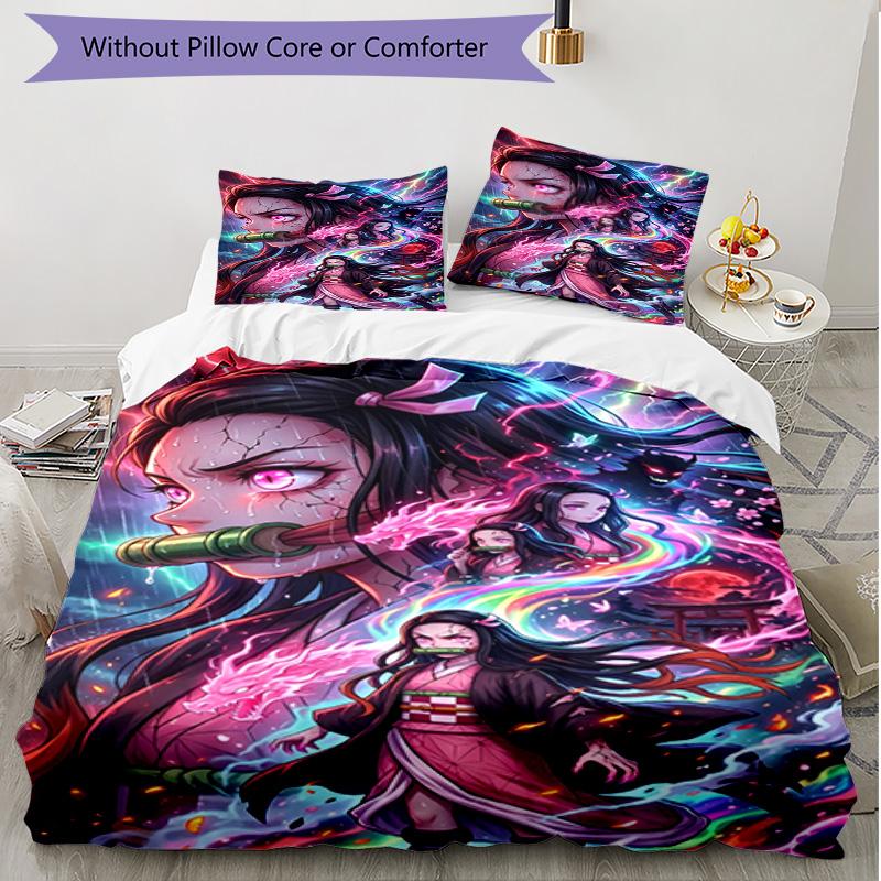 3pcs Duvet Cover Set (1*Duvet Cover + 2*Pillowcase, Without Core), Demon Slayer Print Soft All‑Season Bedding Set, Home Bedroom Decor Gift