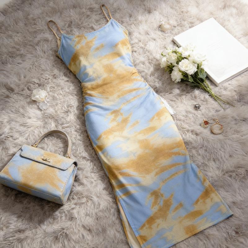 Dress High-end High-end Sense Gentle Wind Waist Thin Spice Girl Long Skirt Trendy French Tie-dye Suspenders