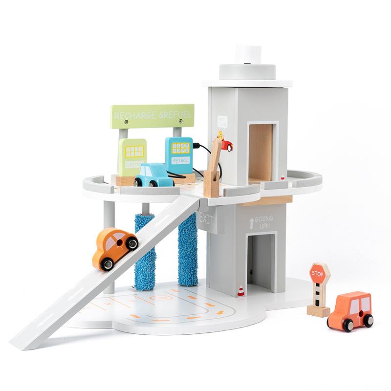 Wooden Simulation Parking Lot Toy Rotating Parking Lot Gas Station Scene Simulation Puzzle Toy