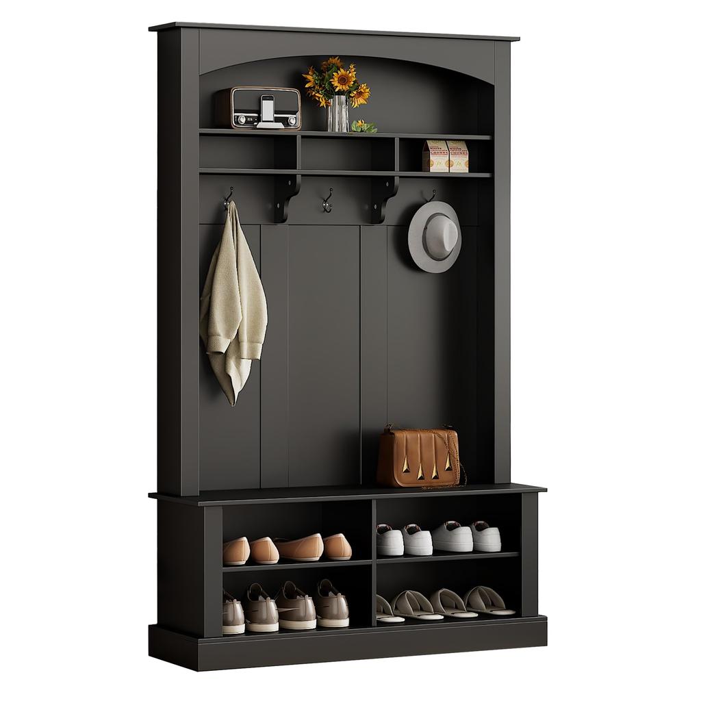 Hallway Wardrobe Coat Rack, Bench, Shoe Cabinet, Open Storage Space, 3 Hooks, Freestanding, Space-saving