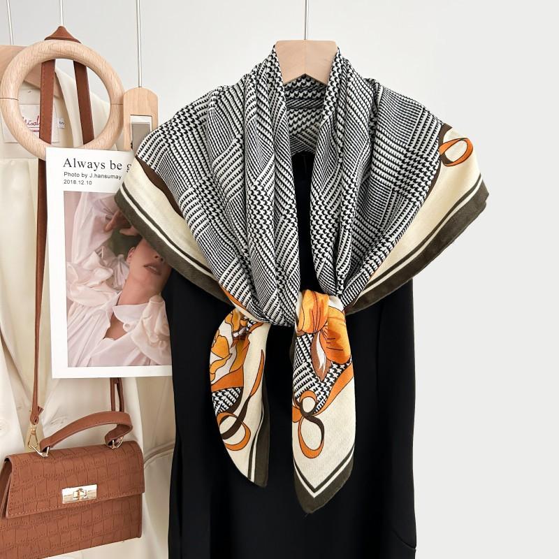New stylish and simple 91 * 91 square scarf versatile premium bag head scarf thousand bird grid printing imitation cashmere scarf