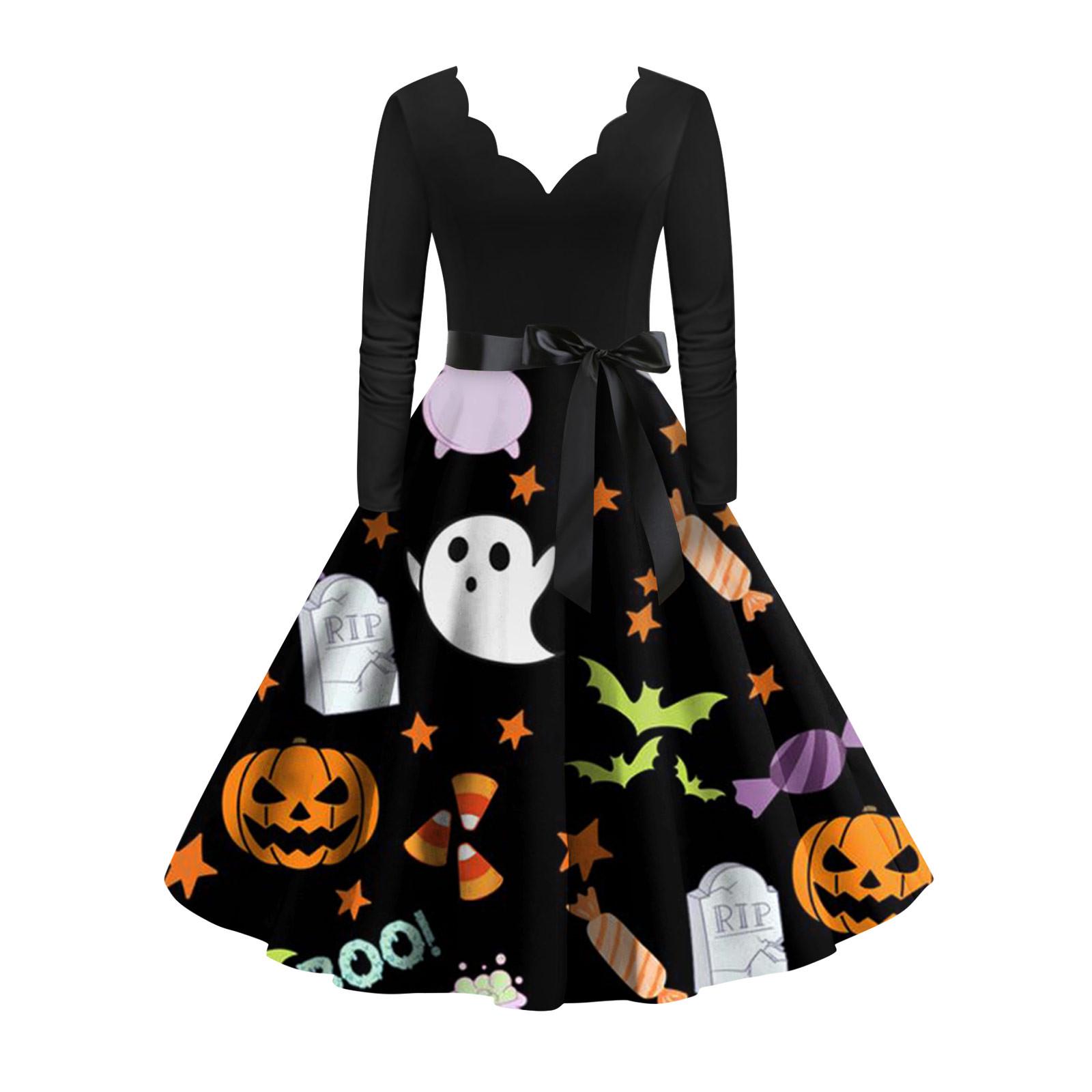 

Женское платье с расклешенным принтом на Хэллоуин с длинным рукавом и v-образным вырезом, вечерние повседневные платья XL чёрный