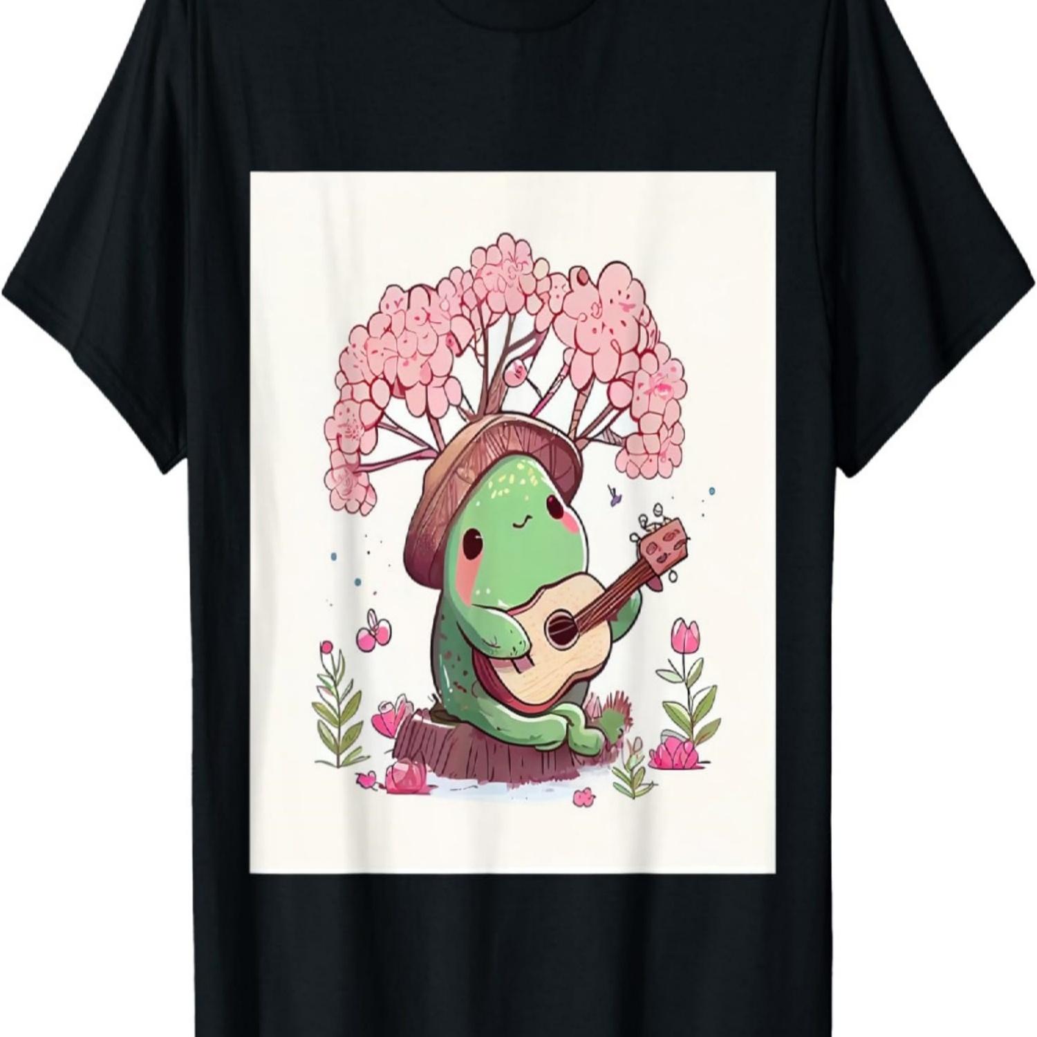 Cute Cottagecore Frog playing banjo cherry blossom tree T-Shirt S чёрный