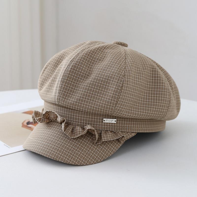 Berretto Ottagonale a Quadri e Righe Berretto da Donna, Primavera Estate Pizzo Carino Sottile Cappello da Pittore Femminile Vintage Nuovo