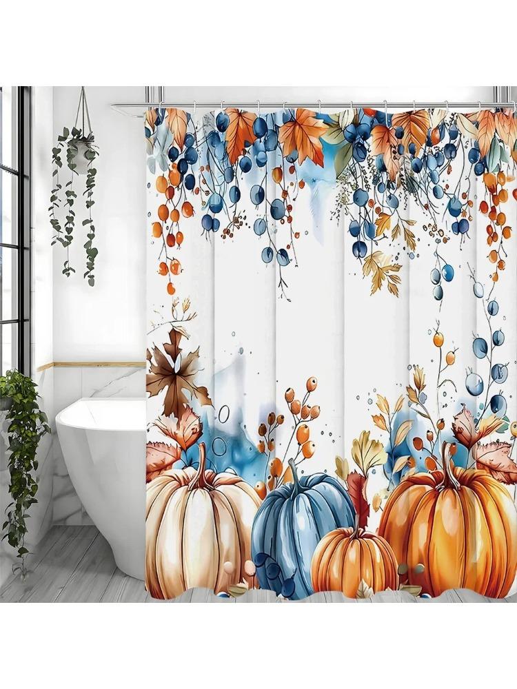 Autumn Harvest Pumpkin Floral Watercolor Shower Curtain, Bathroom Decorative Shower Curtain, Waterproof Shower Curtain with Hook
