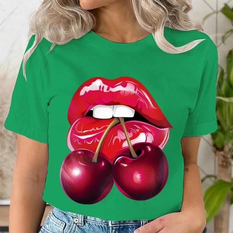 Summer Fashion Women's T-Shirt Lips Cherry 3D Printed Short Sleeve Tops Girl Loose Casual Loose Oversize Outdoor Clothing