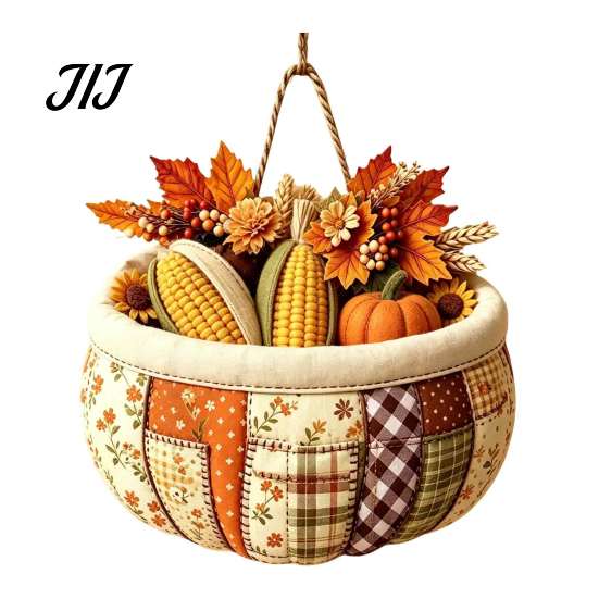 Seasonal Indoor Outdoor Sign Patchwork Pumpkin Wooden Door Hanger, Fall Harvest Halloween Decorative Maple Leaf Wreath with Leaves Berries, Farmhouse